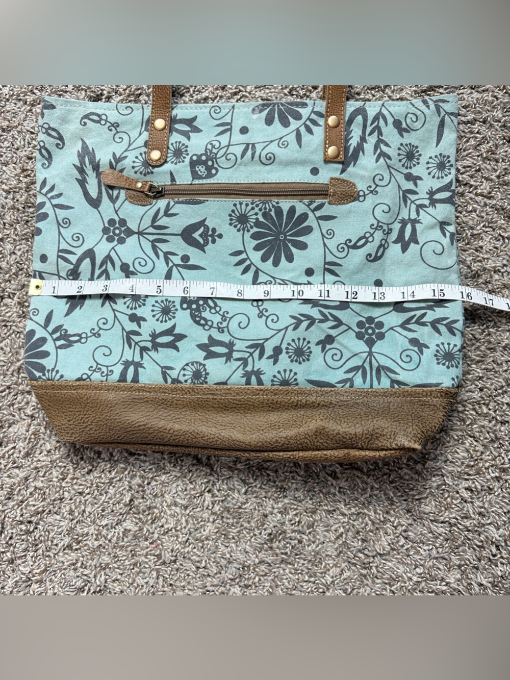 Myra Bag Blue Canvas Floral Tote Bag with Brown Accents - Picture 4 of 8
